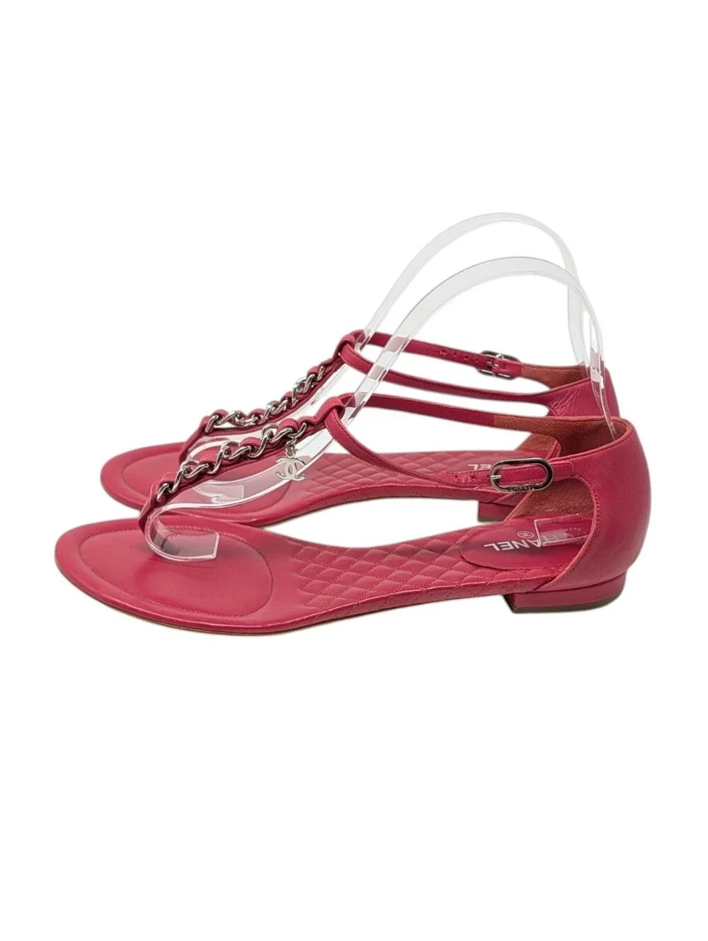 Chanel Red Interlocking CC T-Strap Thong Chain Quilted Sandals Size EU 38
